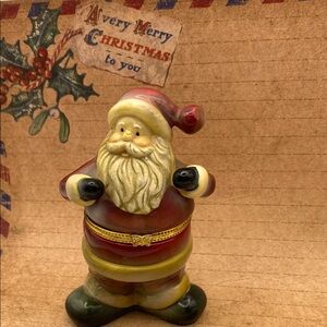 Vintage Glazed Ceramic Trinket Box Shaped As Santa Claus Figurine - Red and Gold